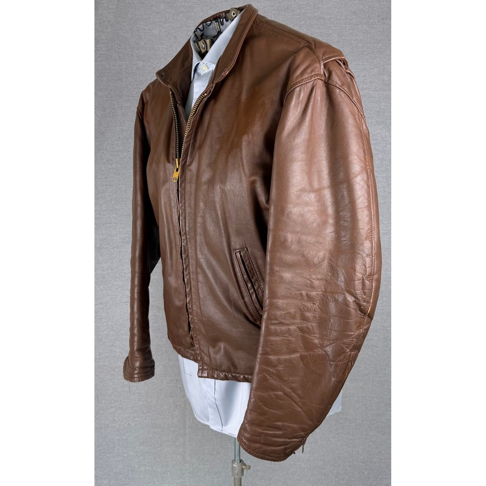 Vintage‎ Brown Leather Bomber Jacket Talon Zipper Quilted Lining Cafe Racer M L